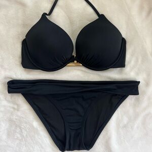 Victoria’s Secret Black 34c Extreme Push up swim bikini, MEDIUM VS black bottoms